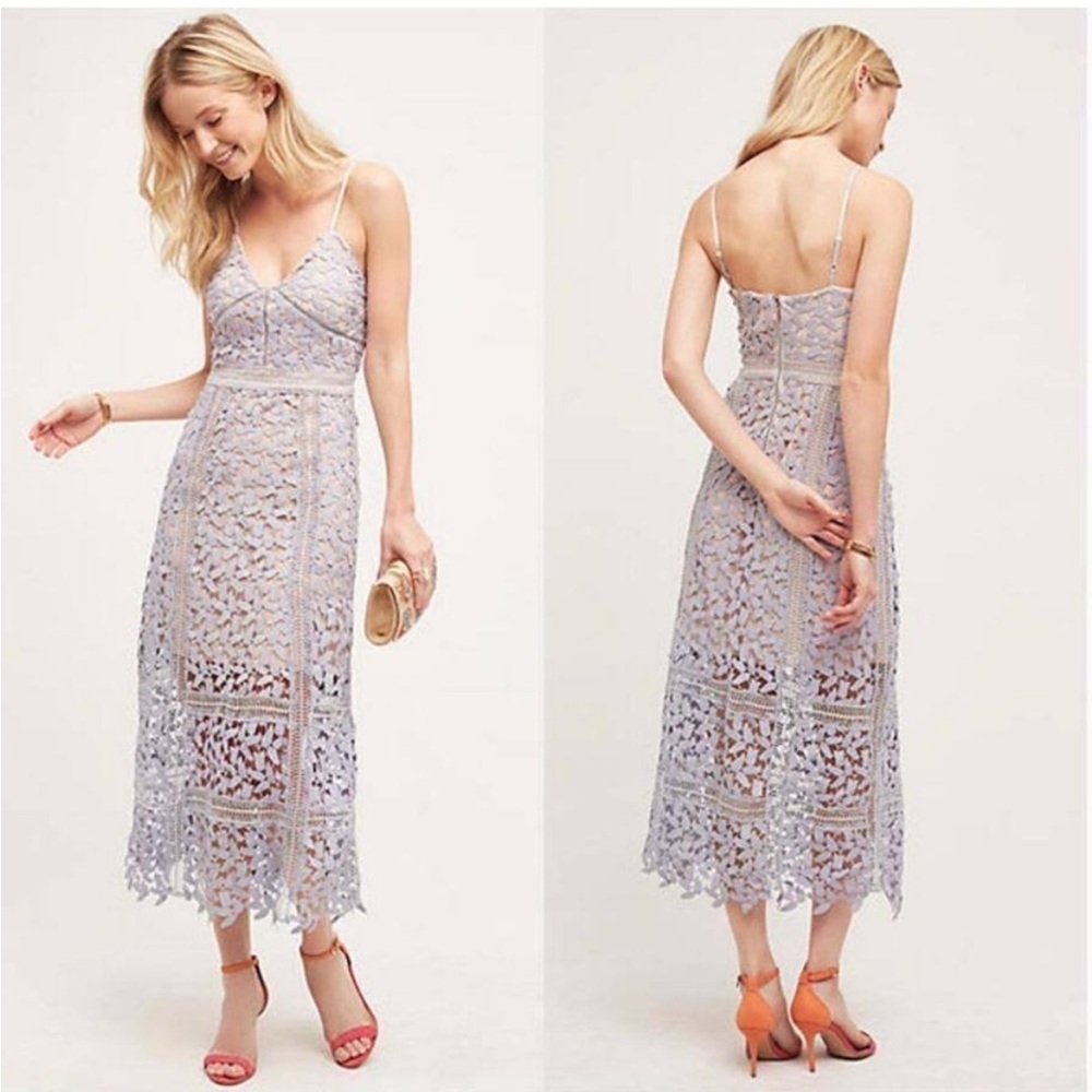 Anthropologie Elliott “Tingle” Lace Midi Dress Lavender w/Nude Lining-Size Large